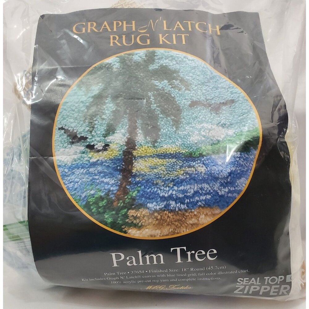 PALM TREE Graph N Latch Hook Rug Kit beach scene 18"round MCG textile yarn craft